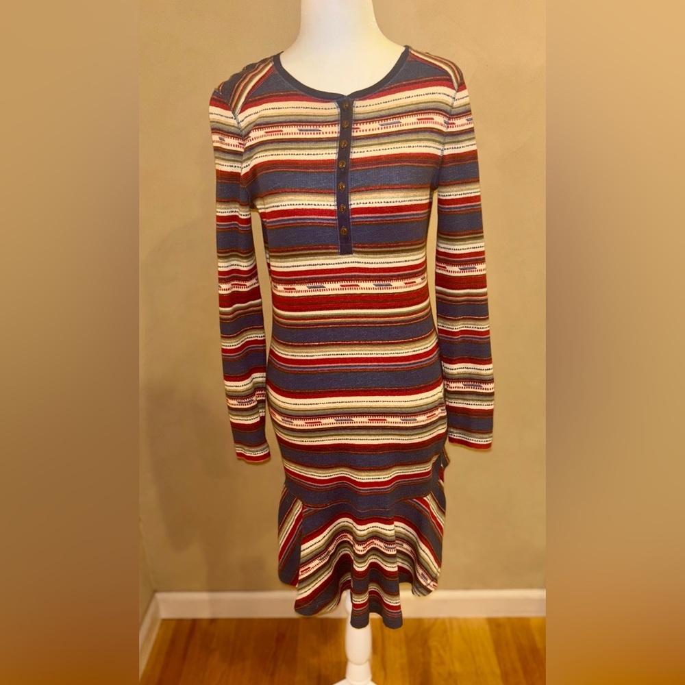 Ralph Lauren Southwestern Striped Dress Henley Drop Waist Waffle Knit size Small